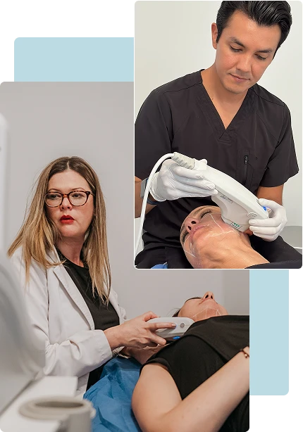 Especialista dermatólogo aplicando Ultherapy Lifting con tecnología visual en tiempo real